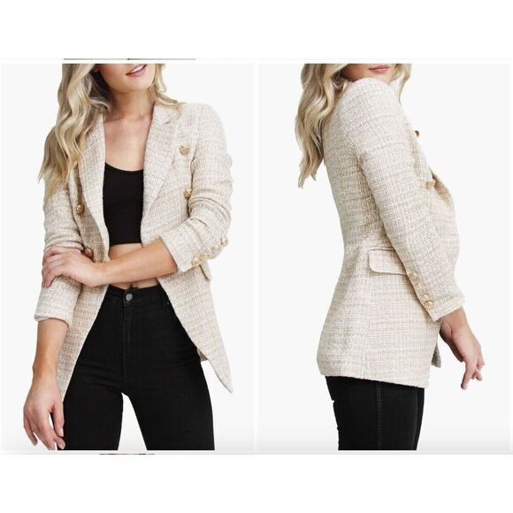Belle & Bloom Princess Polina BEIGE Tweed Button Blazer Cream MSRP $219 Medium - Picture 2 of 10